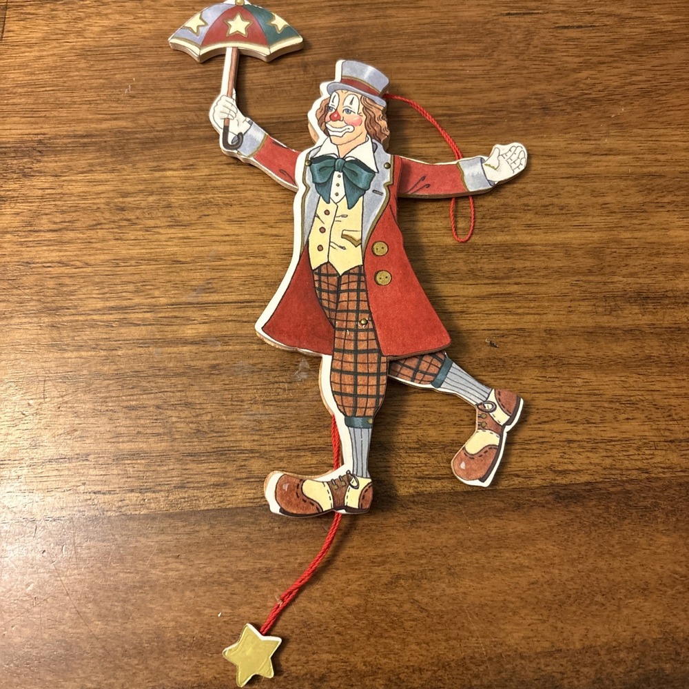 Vintage New Kurt Adler Clown Wooden Pull String Santa's World Christmas Ornament